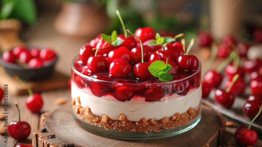 Delicious cherry trifle desserts with cream in clear glass cups, almonds scattered Delicious cherry trifle desserts with cream in clear glass cups, almonds scattered