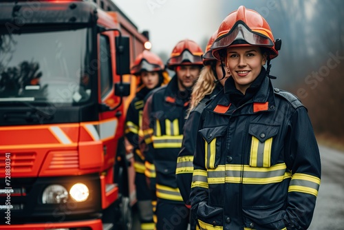 Portrait of firefighter team in uniform and helmet standing near fire engine