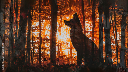  a wolf standing in the middle of a forest with the sun shining through the trees in the middle of the forest, with the silhouette of the wolf in the foreground.