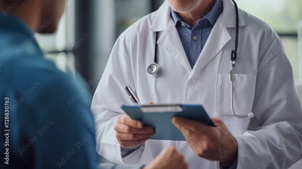 Doctor Consulting With Patient Holding Clipboard in Medical Office Doctor Consulting With Patient Holding Clipboard in Medical Office