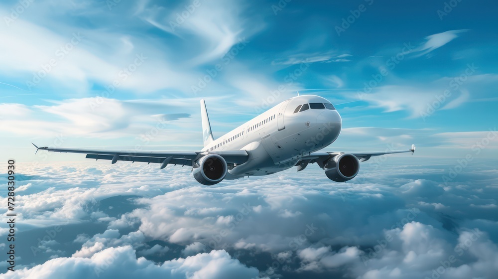 A white commercial aircraft flying high above.