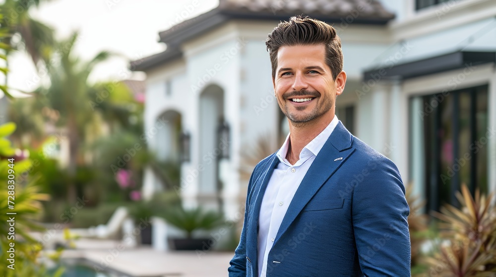 Confident American Real Estate Agent Outside Modern Home Confident American Real Estate Agent Outside Modern Home