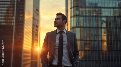 Successful Businessman Contemplating Future Ventures in Urban Sunset