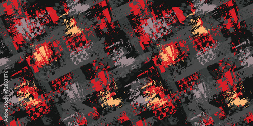 Geometry textured repeat pattern in black, grey, red colors like volcano. geometric checked pattern. Grunge geometric ornament for sport textile, clothes. Brush strokes background