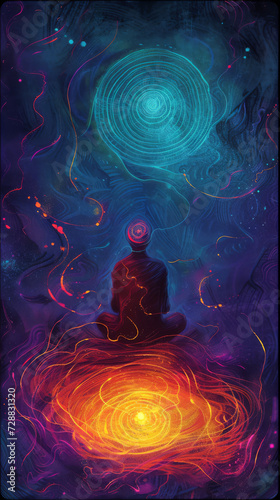 Person sitting in cosmos, concept of nirvana or reincarnation. Bardo, time, space between two lives. Concept mystic, spirituality, caring for the soul.