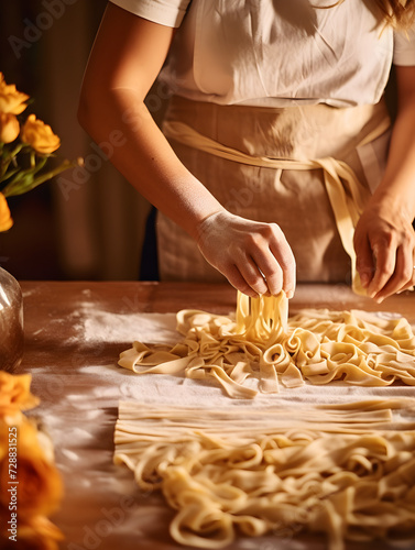 Close up of woman's hands making fresh pasta, wooden kitchen table and blurry background 