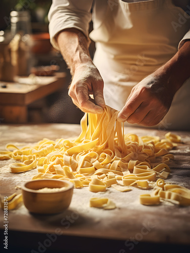 Close up of man's hands making fresh pasta, wooden kitchen table and blurry background 