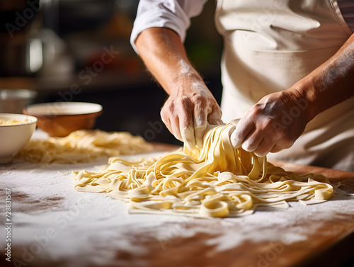 Close up of man's hands making fresh pasta, wooden kitchen table and blurry background 