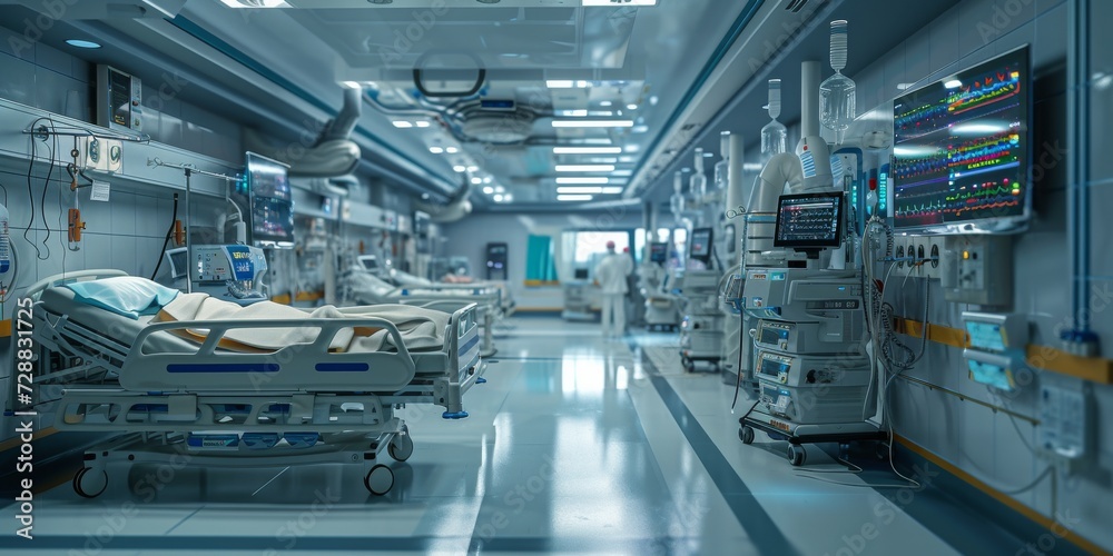 ICU Ward with Advanced Life Support Equipment and Monitoring Systems in a Medical Emergency Setting ICU Ward with Advanced Life Support Equipment and Monitoring Systems in a Medical Emergency Setting