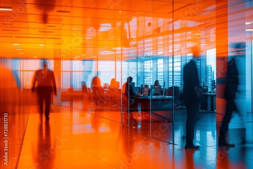Dynamic Scene of a Vibrant Modern Office with Motion Blur of Walking Employees