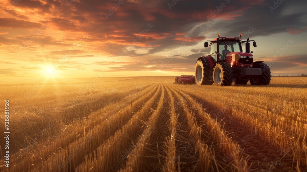 Fototapeta premium Majestic Sunset Over Farmland with a Farmer Driving a Red Tractor