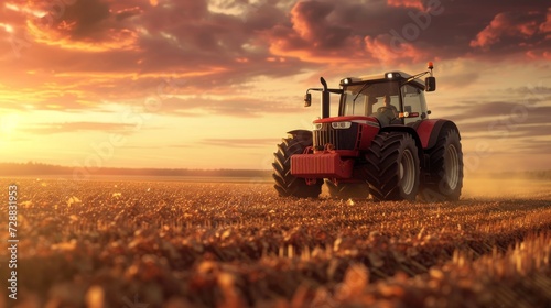 Majestic Sunset Over Farmland with a Farmer Driving a Red Tractor