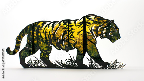 a paper cut out of a tiger with trees on it's back and yellow and black stripes on it's body, standing in front of a white background. © Anna