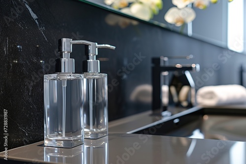 Bathroom counter with sink, water faucet and soap dispenser with liquid soap