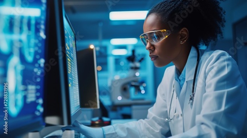 Concentrated African American Female Scientist Researching in Modern Lab with Computer Technology