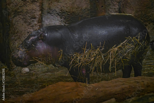 Hippo animal interior with dirty body dark room
