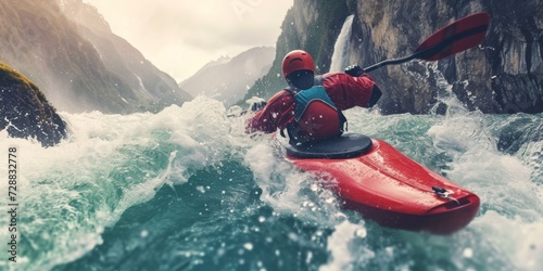 Adventurous Kayaker Maneuvering Through Turbulent White Water Rapids in a Scenic Mountain River photo