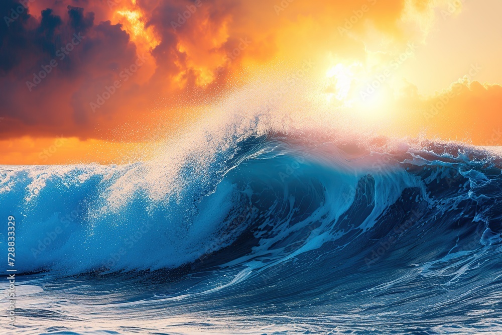 Huge blue wave in the ocean on sunlights background