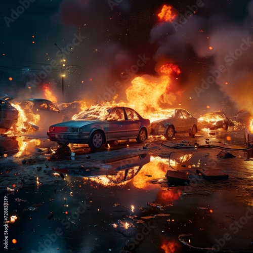 Nighttime Vehicle Fire Disaster Scene with Emergency Response
