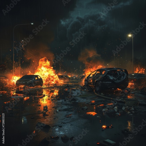 Nighttime Vehicle Fire Disaster Scene with Emergency Response