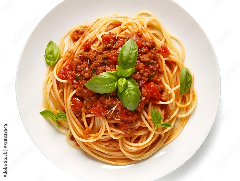 Top view of spaghetti pasta bolognese on white plate Top view of spaghetti pasta bolognese on white plate