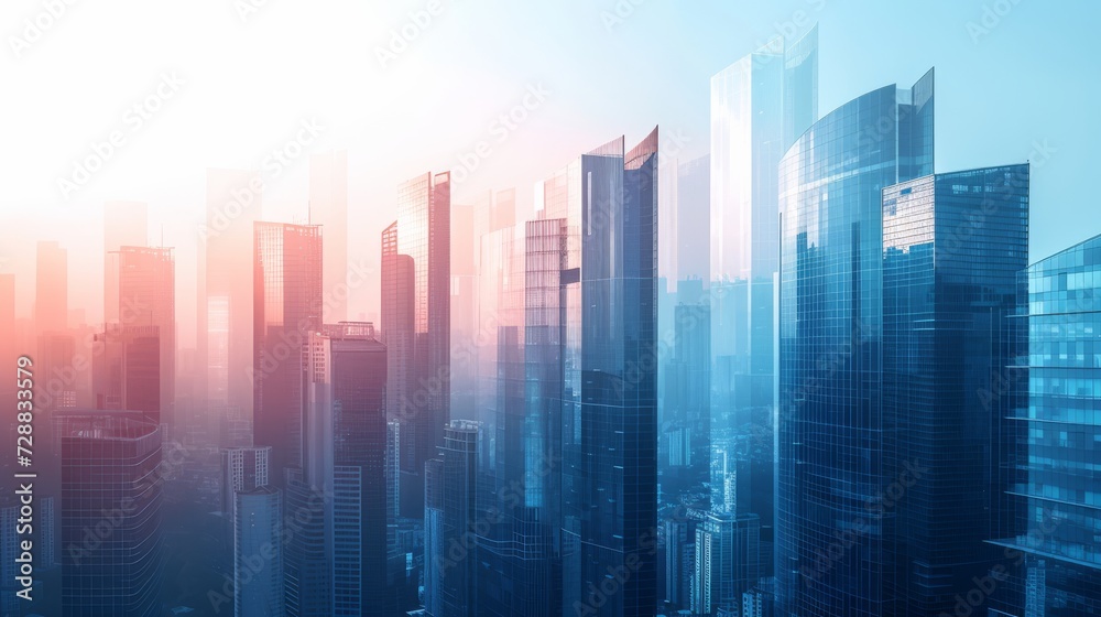 Futuristic Skyline of a Smart City with Modern Skyscrapers and Sunlight Reflections
