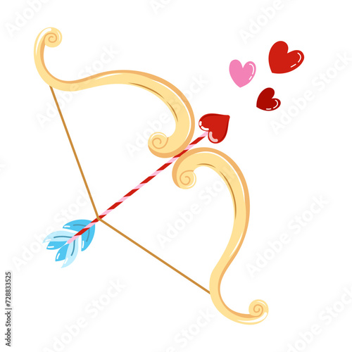 Hand drawn vector illustration of Cupid's bow with arrow and hearts. Romantic color doodle sketch for valentine's day. 