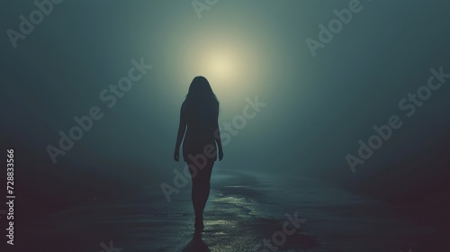 Tense Silhouette of a Young Woman Walking Alone on a Foggy Night with An Ominous Presence Looming