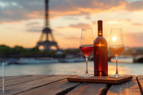 Bottle and wineglasses on table on Eiffel Tower background © Alina