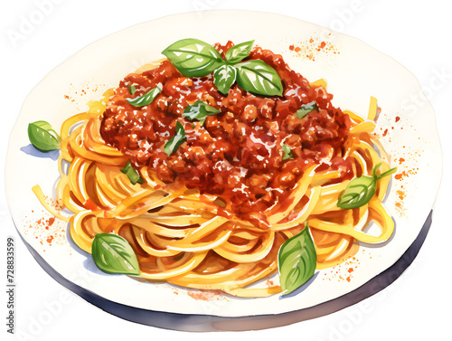 Watercolor illustration of bolognaise spaghetti pasta on white plate 