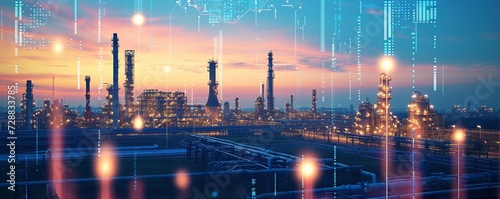 Panoramic View of Industrial Oil and Gas Refinery with Digital Overlays of Oil Demand Price Charts and Data Visualizations