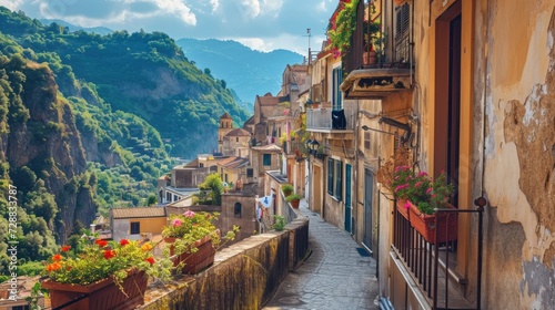 Photo a narrow street in a small village with flowers on the windows and balconies on the balconies and a mountain in the background with a blue sky with clouds