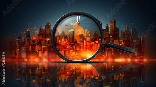 Fire surveillance inspection indicator and fire fighting with magnifying glass on red orange background. Fireman and conflagration concept. Wildfire and forest fire theme