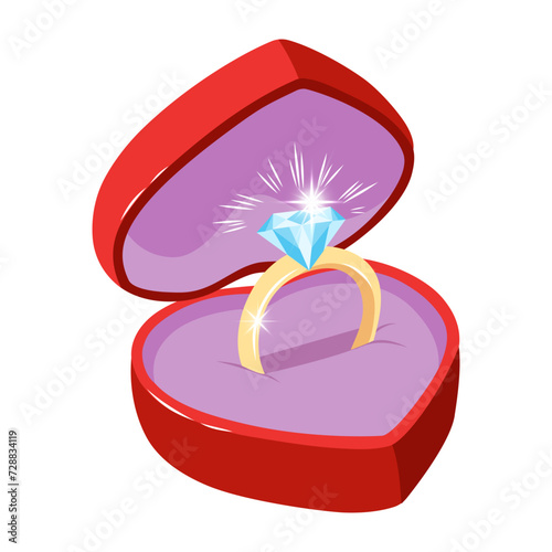 Hand drawn vector illustration of an engagement ring in a heart shaped gift box. Color doodle sketch of a diamond ring