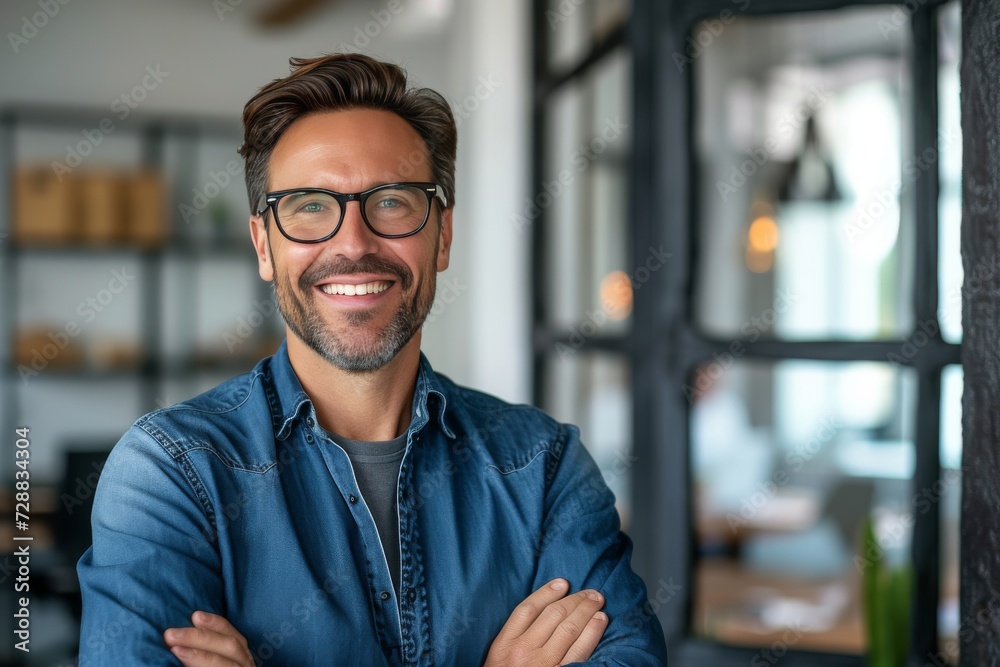 Confident Male Entrepreneur Smiling in Modern Office Environment Confident Male Entrepreneur Smiling in Modern Office Environment