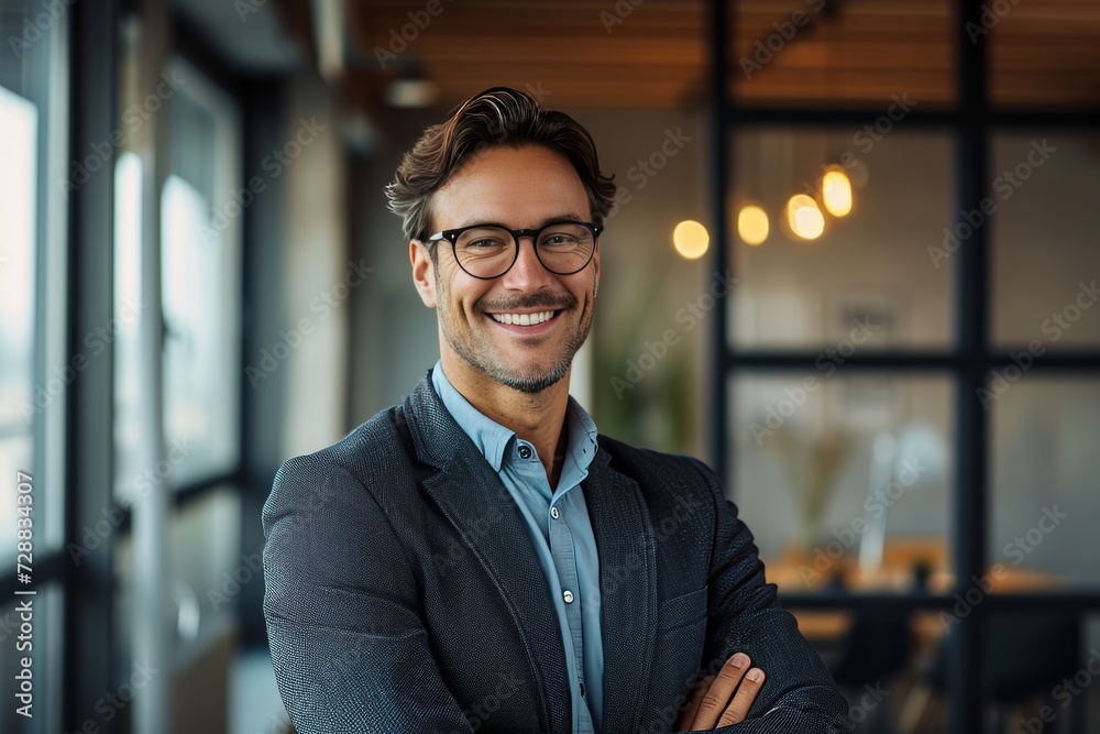 Fototapeta premium Confident Male Entrepreneur Smiling in Modern Office Environment