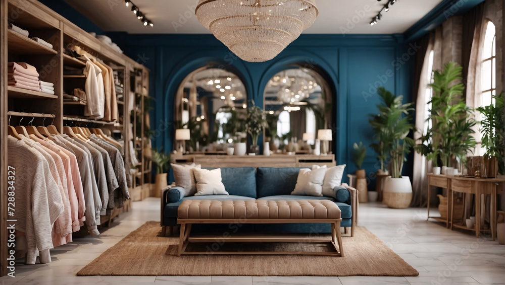 Elegant women's clothing store with chic displays, trendy racks, variety of items. Stylish boutique decorated with emerald walls with soft sofa, creating fashionable, attractive shopping atmosphere