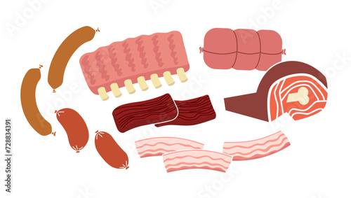 Fresh raw meat and sausages collection. Flat vector illustration isolated on white background.