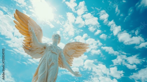 Majestic Angelic Spirit Soaring in the Ethereal Blue Sky Amidst Fluffy Clouds photo