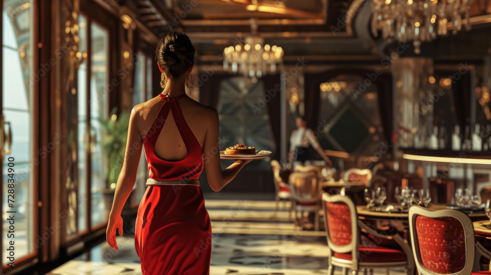 Waitress Walking Backwards with Dish In a Luxury Restaurant. Elegantly Dressed Server Navigating Through a High-End Dining Room. Showcasing Impeccable Service and Refined Atmosphere 