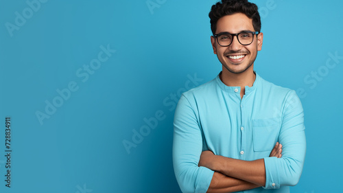Portrait of young smiling man wearing glasses isolated on turquoise background with space for inscriptions or text