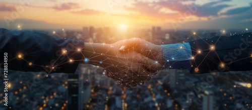 Business Handshake with Networking Connections on Urban Background Banner