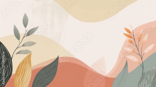 Beautiful bohemian-inspired illustration background decorated with floral and nature elements in soft pastel shades.