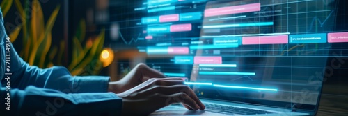 Business Developer Engaging with a Digital Kanban Board on a Laptop for Efficient Project Management