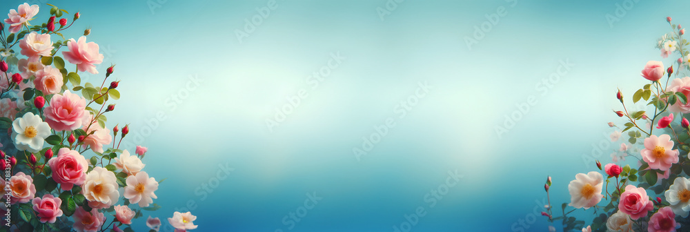 Beautiful spring border, blooming rose bush on a blue background with copy space web banner: spring time concept Beautiful spring border, blooming rose bush on a blue background with copy space web banner: spring time concept