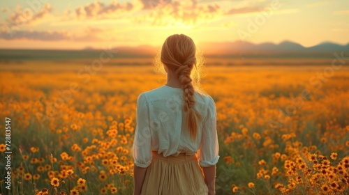  a woman standing in a field of sunflowers with her back to the camera and her hair in a pony tail, looking at the sunflowers in the distance.