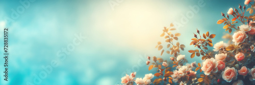 Beautiful spring border, blooming rose bush on a blue background with copy space web banner: spring time concept