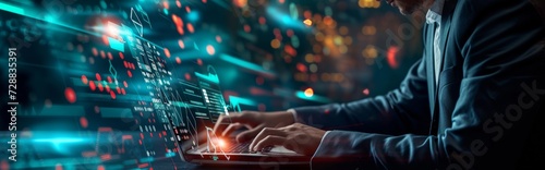 Businessman at Workstation with Cybersecurity Concept and Global Connection Interface