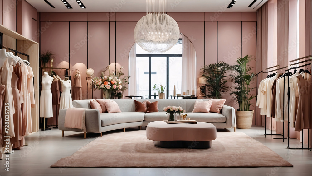 Women's fashion emporium adorned in powdery hues. Browse the curated selection on chic shelves while central room, featuring a cozy sofa, beckons shoppers to linger and savor the trendy atmosphere. - obrazy, fototapety, plakaty 