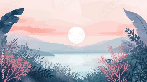 Beautiful bohemian-inspired illustration background decorated with floral and nature elements in soft pastel shades.